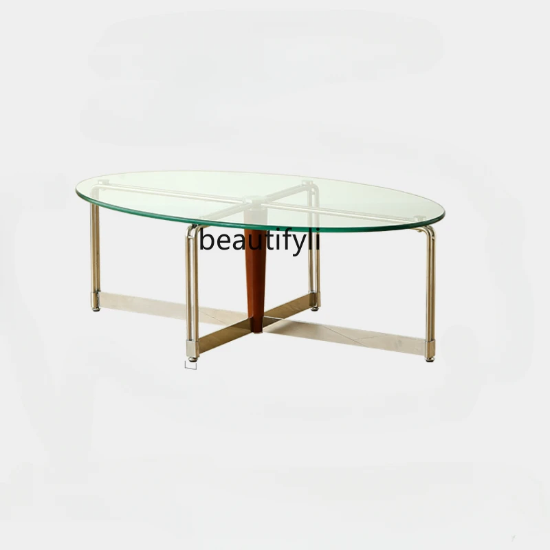 

Nordic Mid-Ancient Glass Small Apartment Living Room Home Oval Simple Stainless Steel Coffee Table