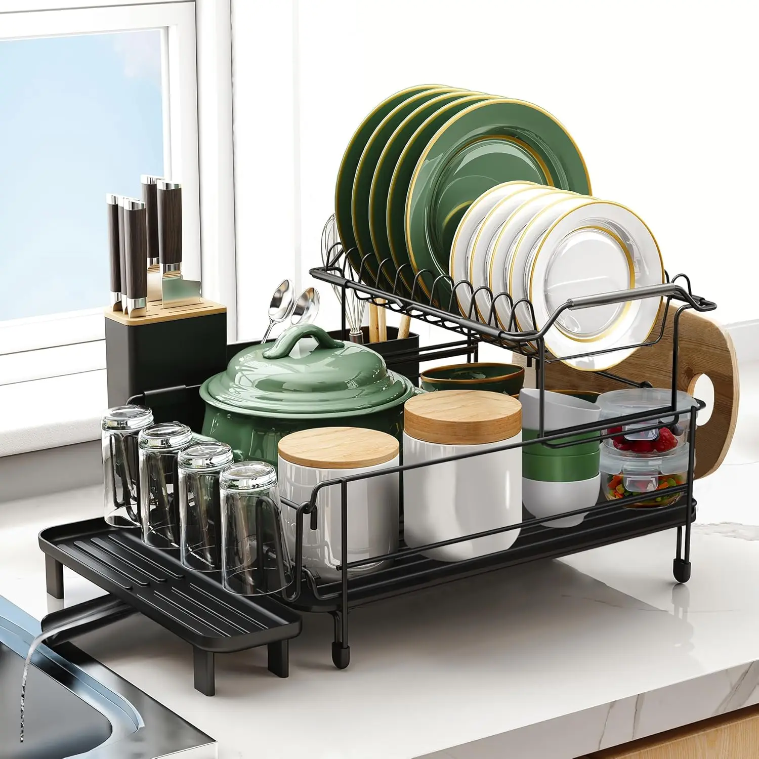 

Large 2-Tier Stainless Steel Dish Rack with Drainboard, Detachable Over-Sink Dish Drying Rack