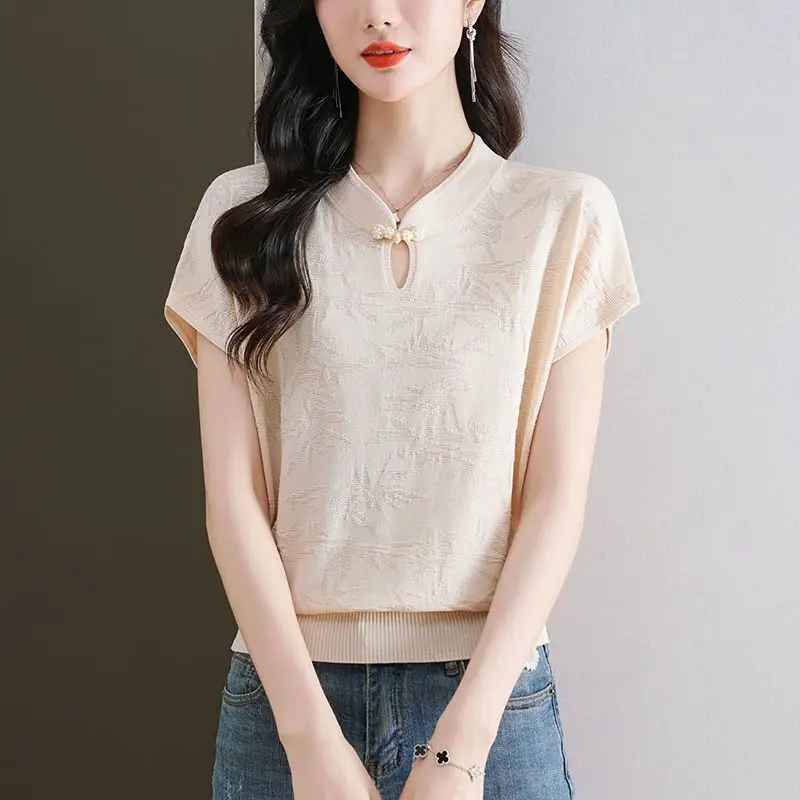 Chinese Style Stand Collar Fashion Short Sleeved T-shirt Women\'s Solid Jacquard Patchwork Embroidery Hollow Out Button Thin Tops