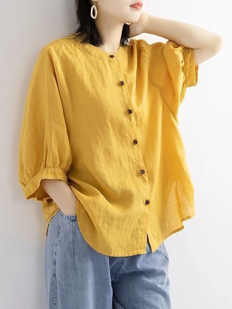 ZOKI Casual Cotton Linen Shirts Oversize Summer Lantern Half Sleeve Tops Summer Korean Loose Mom Button Up Blouse Dropshipping