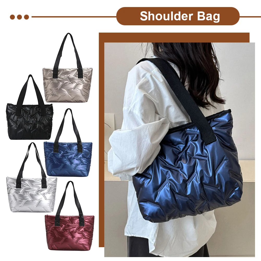 

Women Simple Handbag Large Capacity Puffer Casual Bag Solid Color Soft Lightweight Shiny for Female Outdoor Shopping