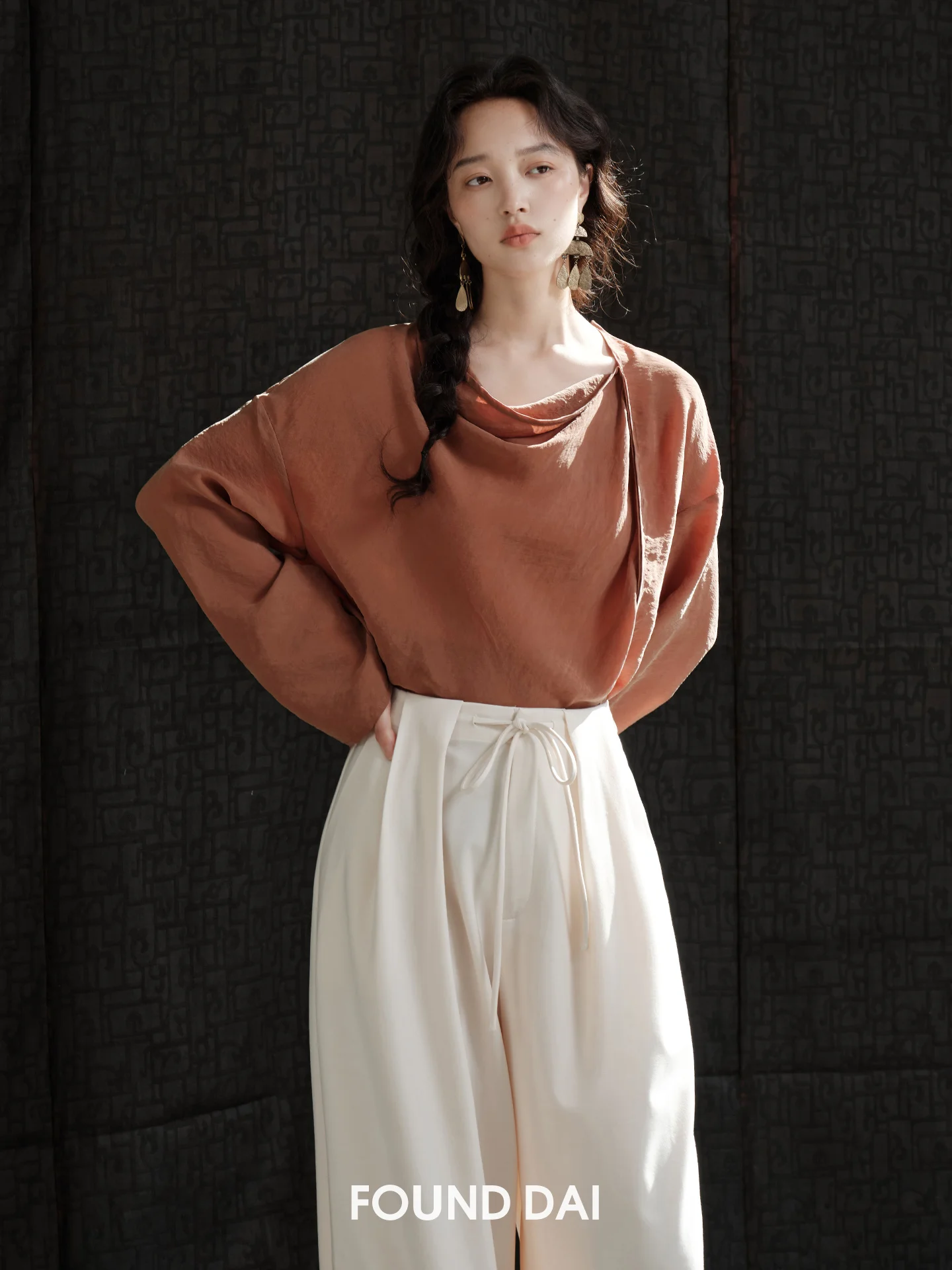 

Matte Copper Ammonia Silk Asymmetrical Design Long Sve Top Ele Loose Fit Breathable Acetate Fiber Women's irt