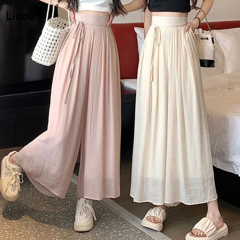 Elegant All-match Solid Lace Up Pants for Female Korean Elastic High Waist Casual Wide Leg Trousers Summer Women\'s Clothing