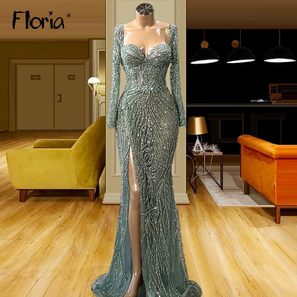 Sweetheart green elegante verde sereia vestidos de noite 2023 completo frisado manga longa luxo para festa casamento feminino