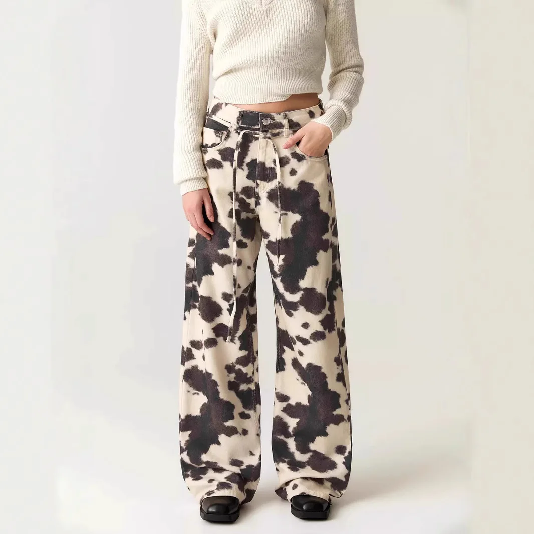 Waed vintage americano vaca padrão solto perna larga em linha reta casual longo jeans feminino faion cintura alta cor profunda primavera