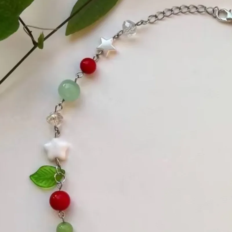 Handmade strawberry necklace, star, Green Leaf Strawberry Design | gift | Fashion Fairy Core