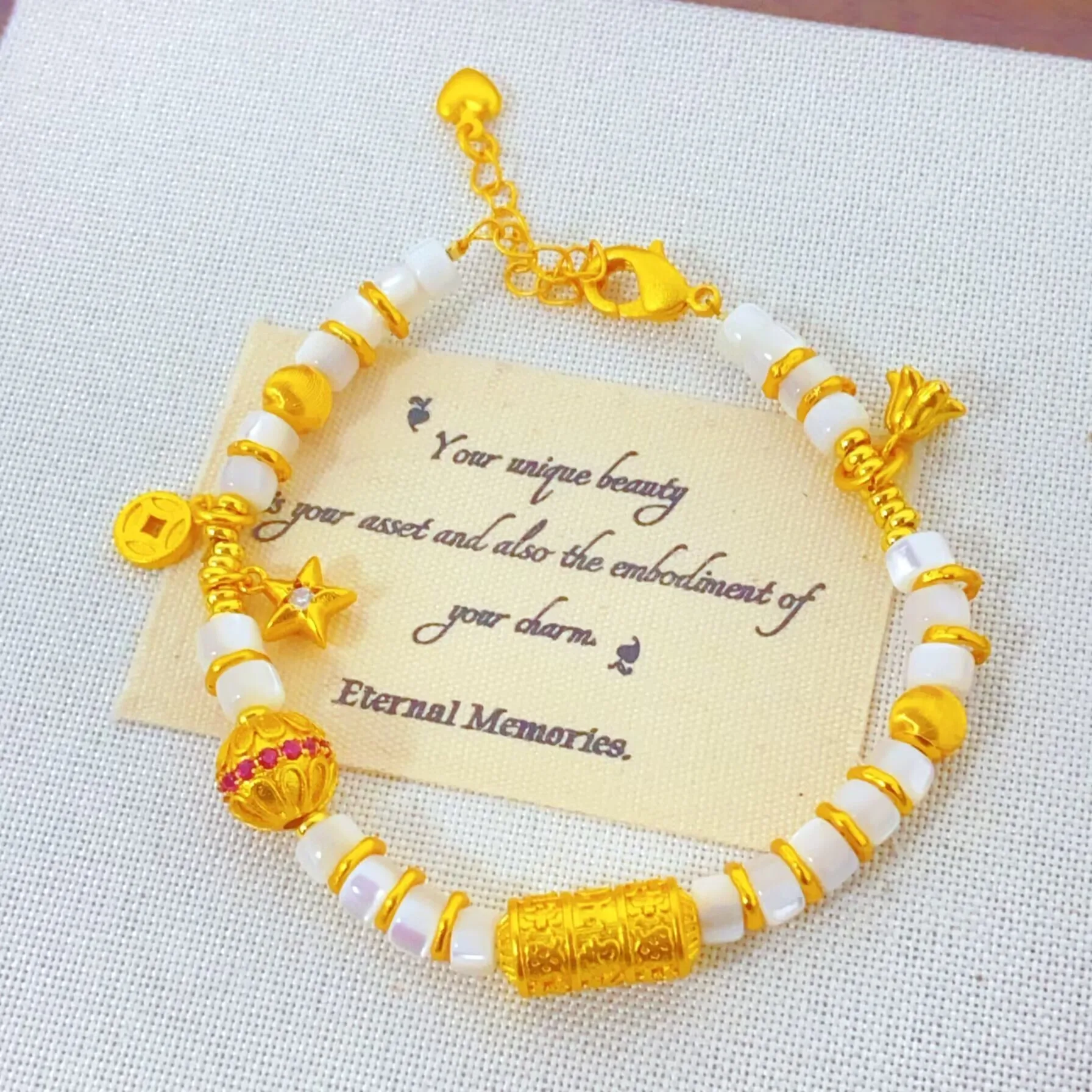 

Plated With Real Gold Color Preservation Ancient Sand Gold Attracting Wealth White Shell Mother Bracelet Ruyi Road Girls Gift
