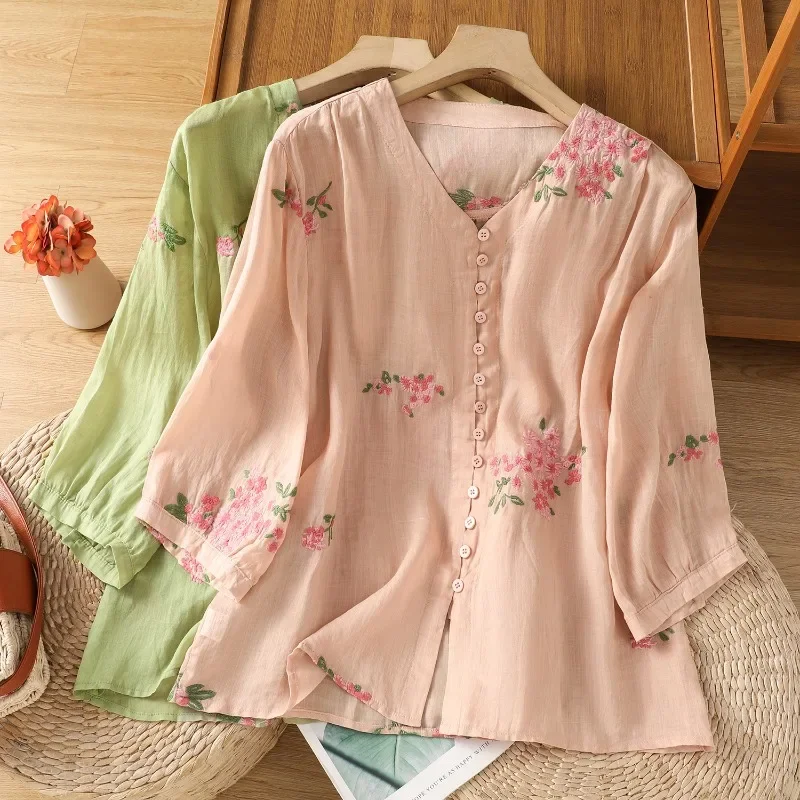 

Chinese Style Women's Blouse Vintage Embroidery Shirts Fashion Loose Summer Cotton Linen Clothing Short Sleeve Women Tops