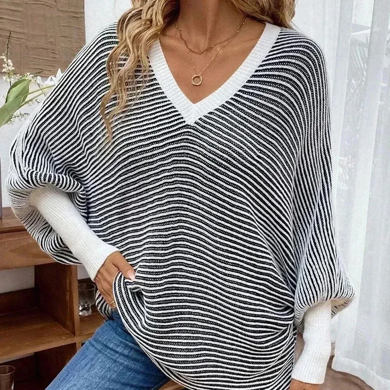 Women Sweater V-Neck Long Sleeve Pullovers Striped Knit Loose Tops Female Autumn Winter Casual Streetwear