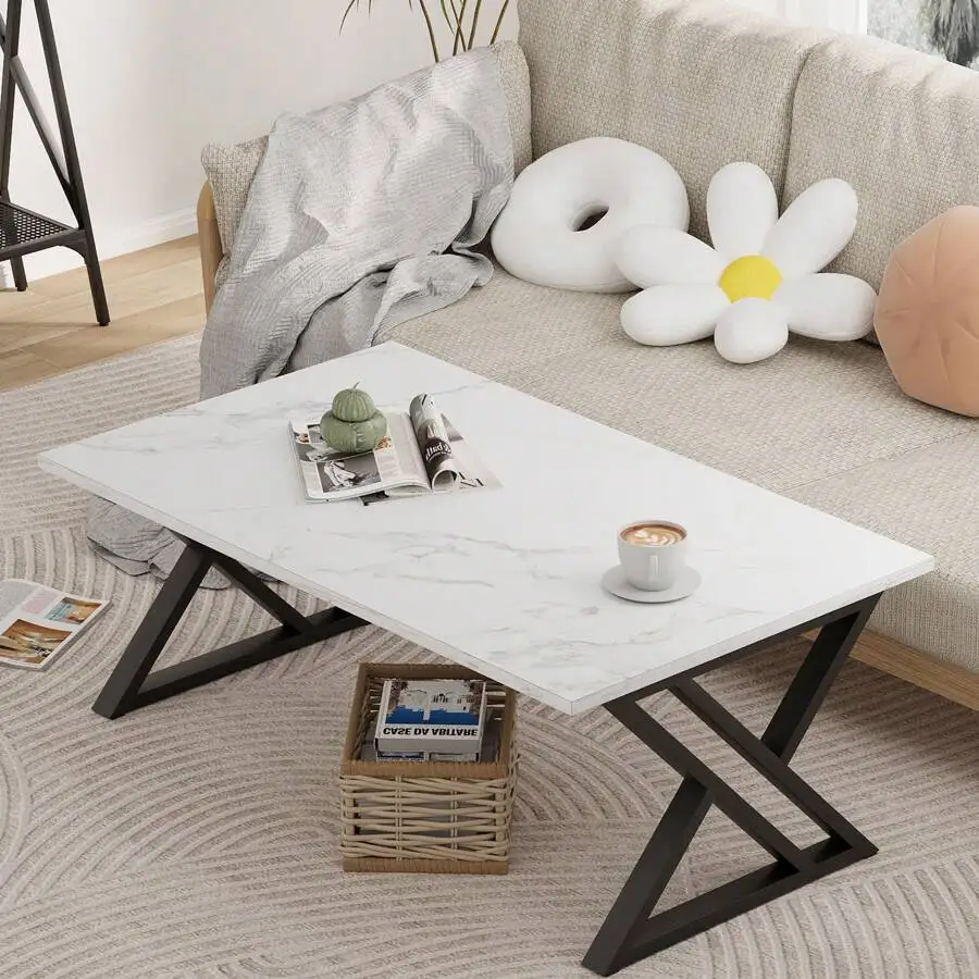 Coffee Table Living Room Table Black Center Table Modern Faux Marble Rectangular Tea Table With Sturdy Black-Finished Metal Frame,Industrial Wooden Coffee Table For Bedroom Home Office