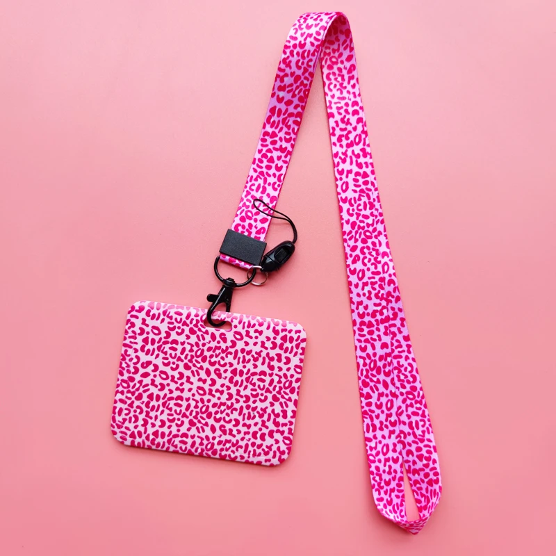 Rosa Ausweishalter mit Leopardenmuster, Schlüsselband, Schlüsselanhänger, Damen-Kreditkartenetui, Umhängeband, Ausweishalter, Ausweishalter, einziehbarer Clip – Detail 4