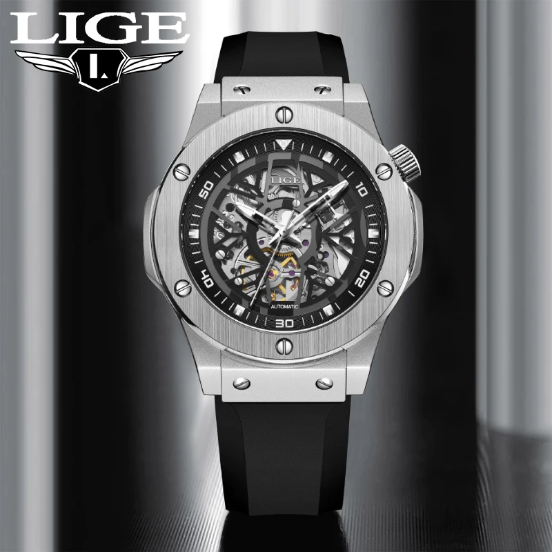 LIGE Design Hollow Out Automatic Watches for Men Fashion Luxury Silicone Mechanical Man Watch Waterproof Luminous Wristwatch+Box