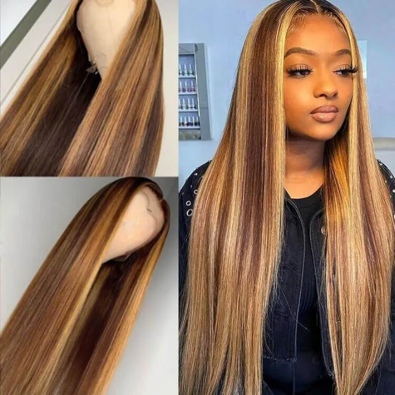 4/27 Honey Blonde Lace Front Wig Human Hair 200% Density HD Transparent Ombre Lace Frontal Wigs Pre Plucked with Baby Hair