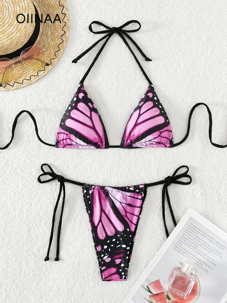 

OIINAA Bathing Suit Women Sexy Butterfly Printed Swimsuit Halter Lace Up Bikini Set Drawstring Two-pieces Thong Split Biquinis