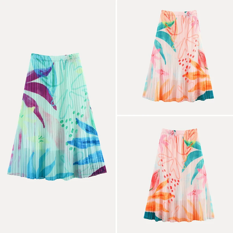 

Summer 2025 Women's Pleated Skirt Street Sle Polyester Fiber Regular Length Print Elastic Waist Pleated Design Z Brand