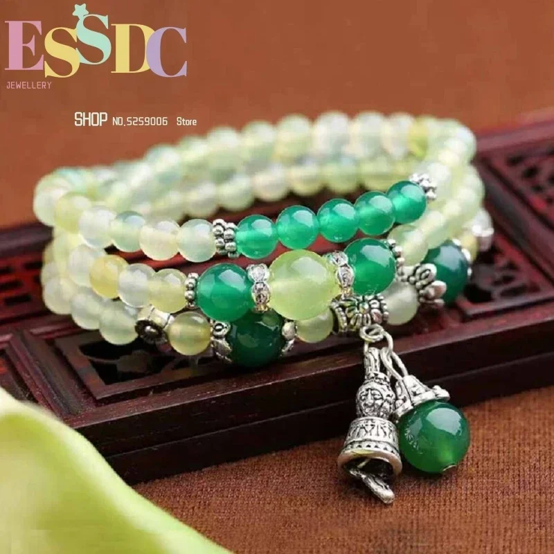 New Design Natural Green Grapes Onyx 108 Mala Bracelets Light Chalcedony Beads Tassel Hand String for Fashion Women Yoga