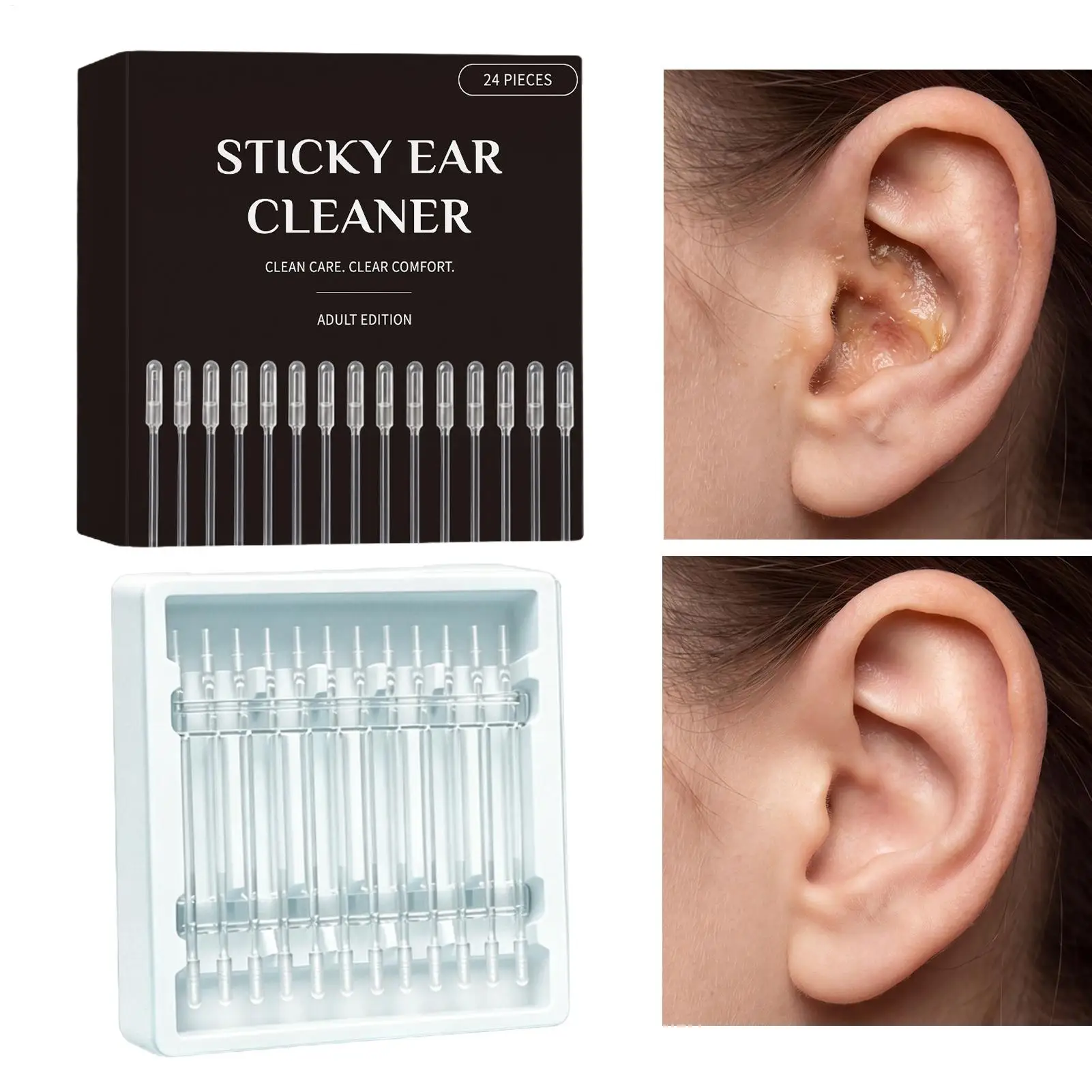 Ear Wax Removal Sticks 24PCS Soft Sticky Ear Cleaner Reusable Ear Care Tool with Storage Box Gentle Ear Cleaning Supplies