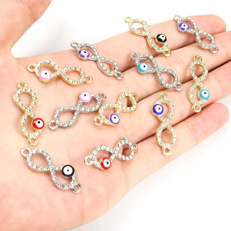 10pcs Infinity 8 Rhinestones Alloy Charm Connectors 10*27.3mm Lucky Evil Eye Enamel Metal Pendants DIY Jewelry Gifts Accessories