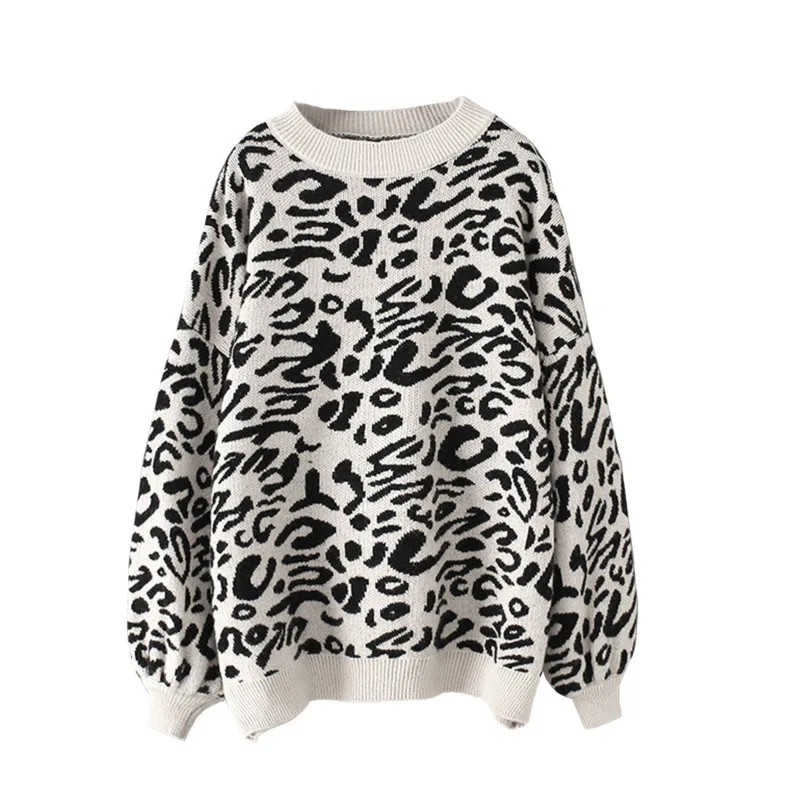 Leopard Knitted Sweater Fashion Animal Print Thick Female Pullovers Oversized Sweater Long Sleeve Crewneck Jumpers Sweter Mujer