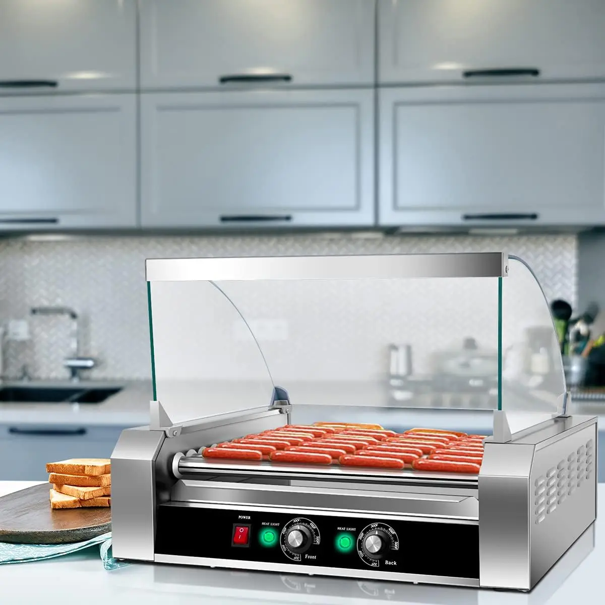 11 Non-Stick Rollers 30 Sausage Grill Cooker with Removable Stainless Steel Drip Tray and Glass Hood Cover, Commercial Household