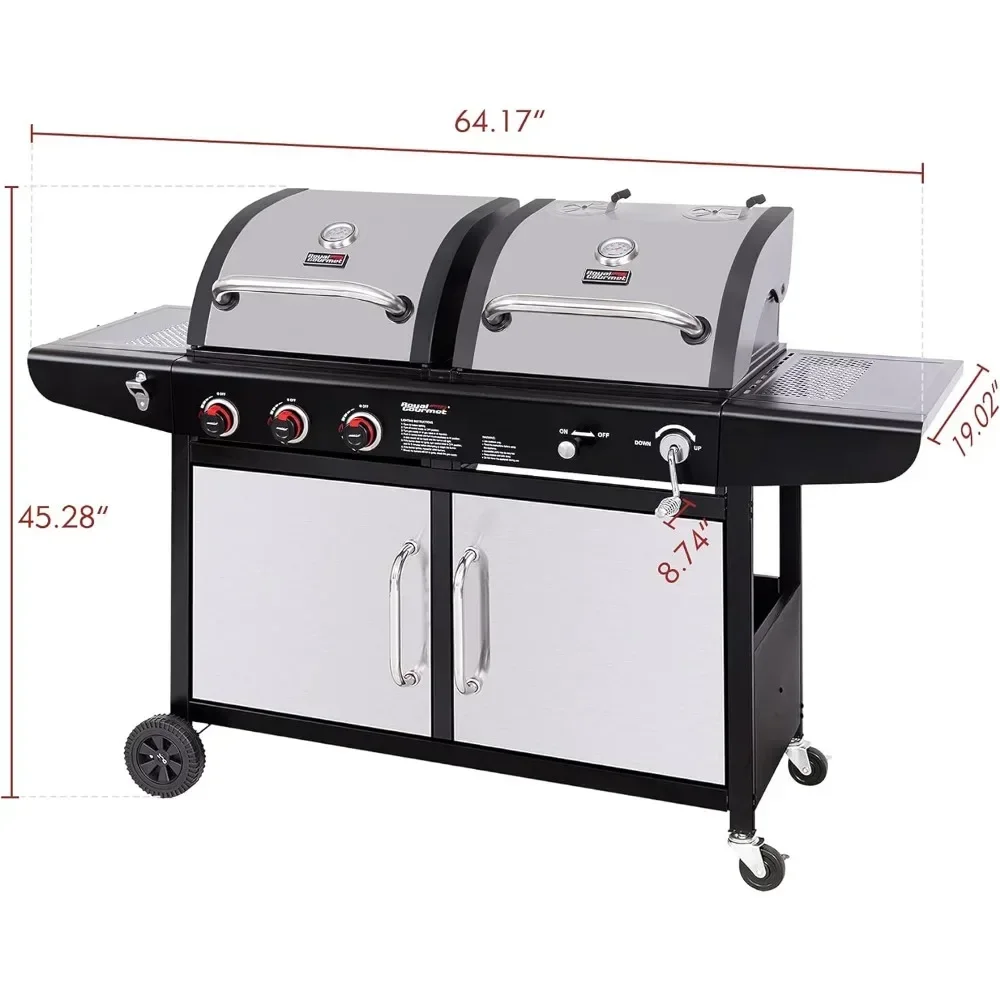 3-Burner 25500-BTU Dual Fuel Gas and Charcoal Grill Combo, Cabinet Style, Outdoor BBQ Garden Barbecue Cooking