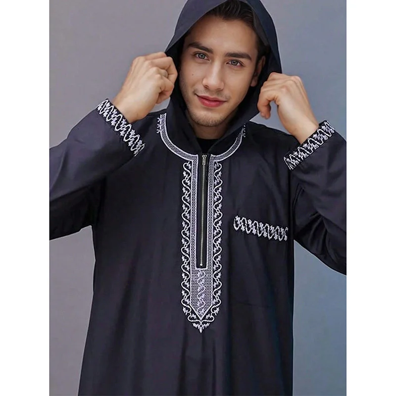 Funkcjonalna muzułmańska męska szata z kapturem, haftowana, wykonana ręcznie, zaprojektowana z myślą o wygodzie i praktyczności w życiu codziennym