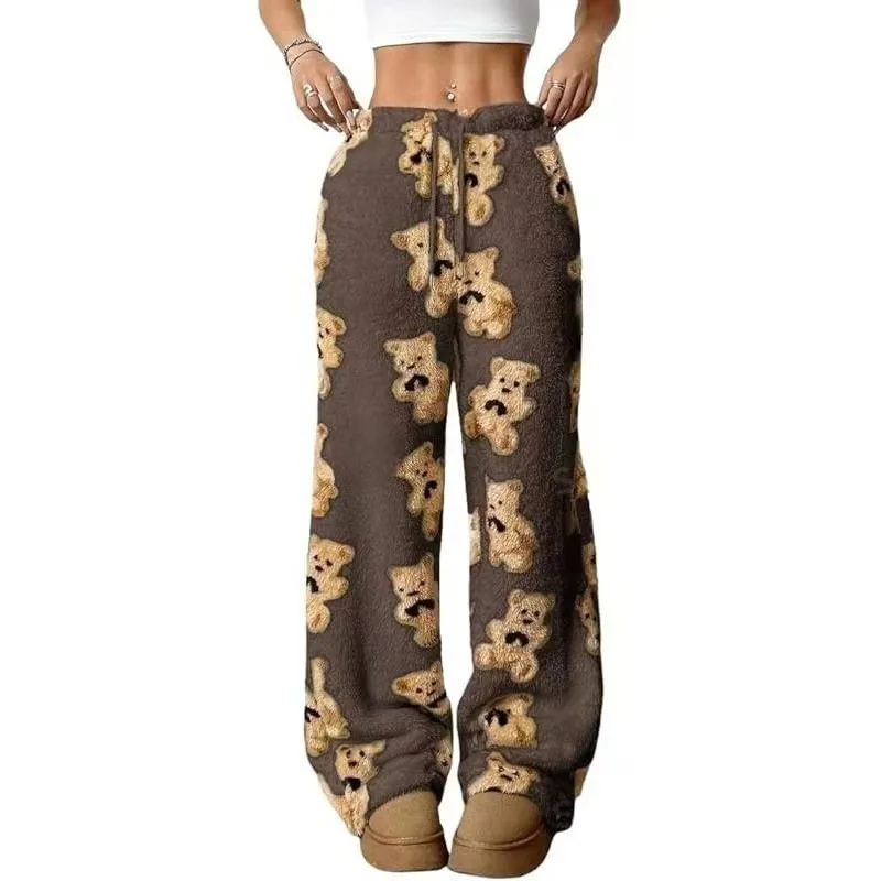 Women Casual Trousers Elastic Waistband Drawstring Tie Pajama Bottoms Leopard Print Wide Leg Lounge Pants
