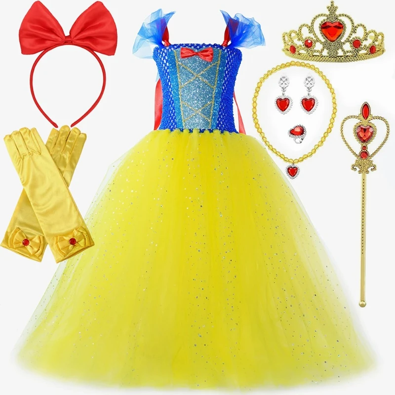 Princess Costume for Girls Glitter Princess Dress Up Outfits Blue & Yellow Toddler Kids Halloween Birthday Party Tutu Dresses