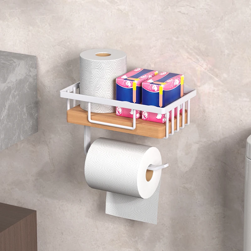 Bathroom Toilet Paper Rack, Non Perforated Wall Mounted Storage Rack, Bathroom Wooden Storage Rack Storage Basket