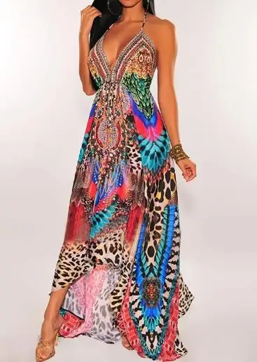 

Bohemian Wind and Sand Stall Positions Printed Sexy Deep V Long Dress