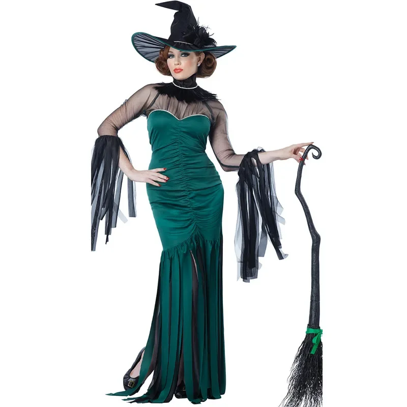 

Green Strips Witch Costumes The Grand Sorceress Costume Halloween Purim Party Cosplay Fancy Dress