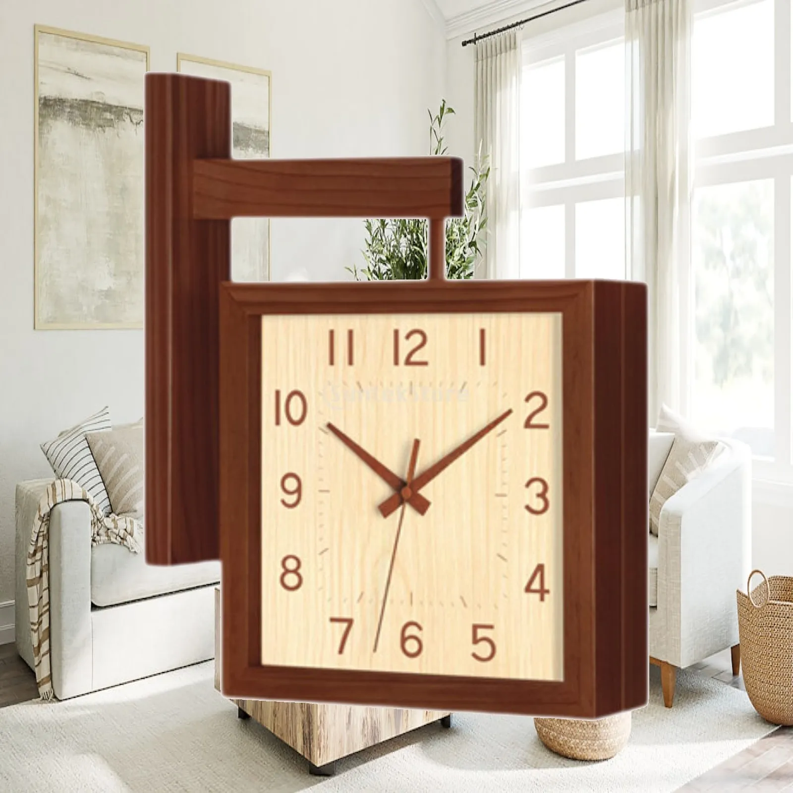 Decorative Corner Clock Wooden Square Clock Numeric Marks Decorative Double Sided Clock for Cafe Bedroom Restaurant Household