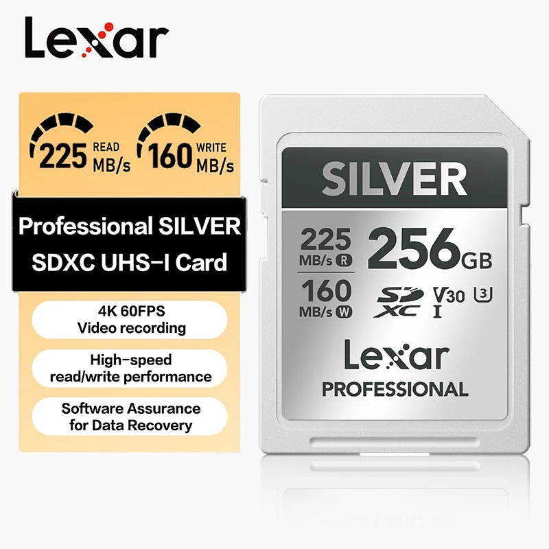 Lexar Professional SILVER 64GB 128GB 256GB 512GB 1TB SDXC UHS-I Memory Card V30 U3 225MB/s Read 4K Video Card for DSLR Camera