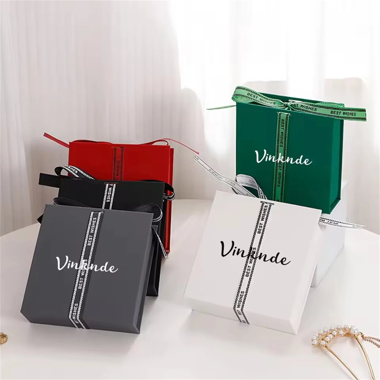 

Custom Logo Eco Friendly Jewelry Gift Box Flip Open Ribbon Closure Necklace Perfume Lipstick Gift Mothers Day Valentine Package