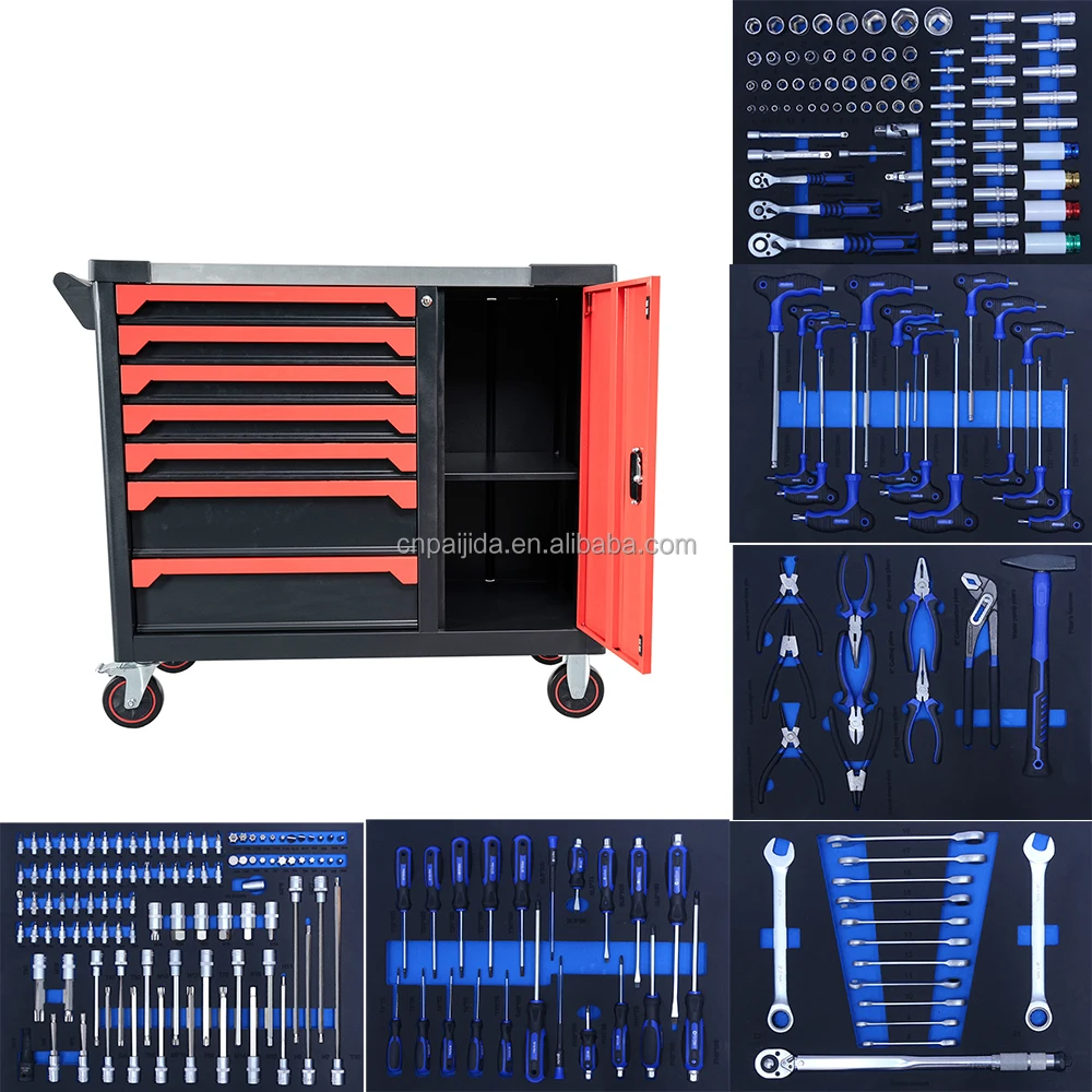 

245 Pcs EVA Foam Tool Kits Heavy-Duty Rolling Tool Set 7-Drawer Stainless Steel Chest Cart Trolley OEM Warranty Tool Workbench