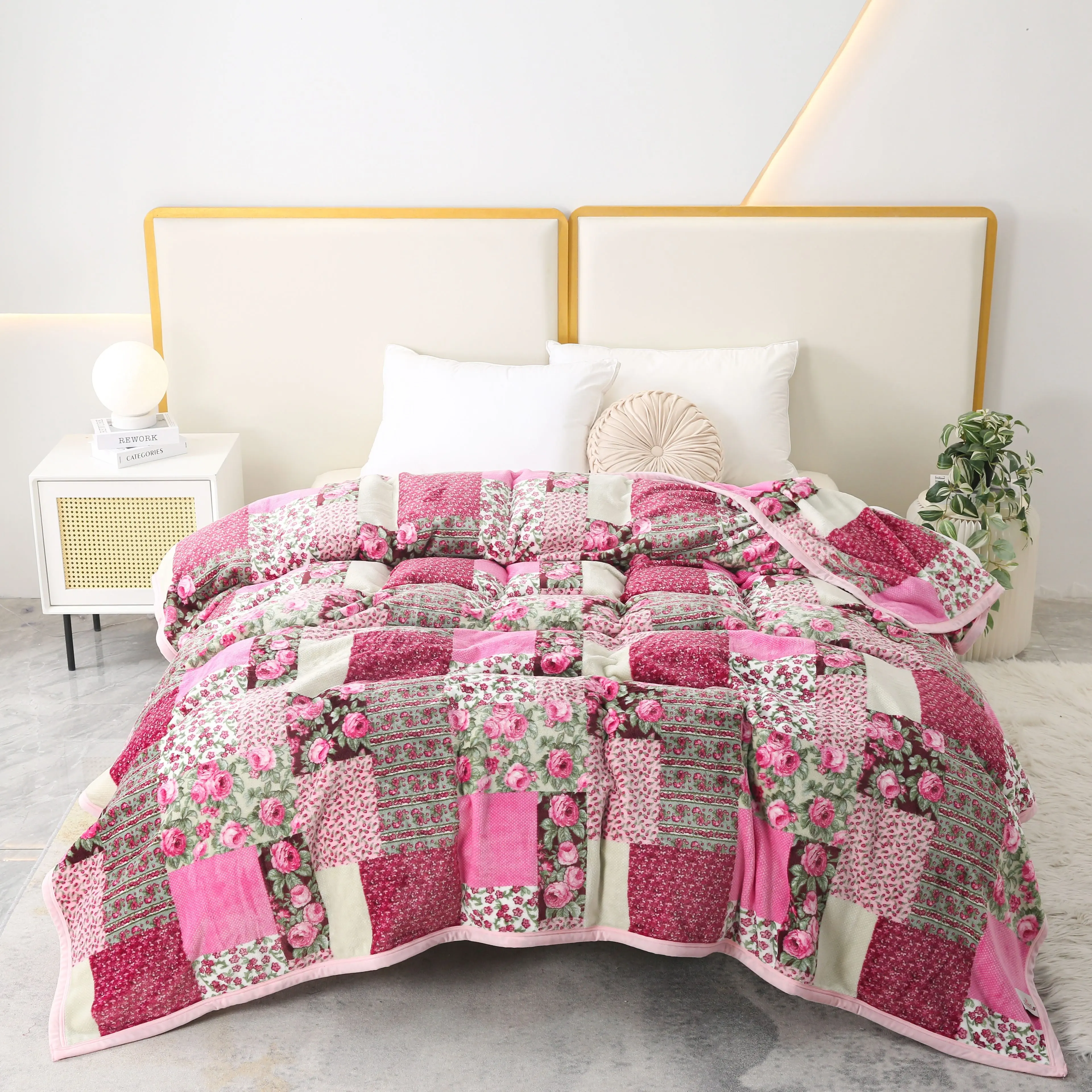 Manta estampada de franela con patrón de retazos a cuadros de flores rosas, invierno cálido y grueso para sofá, oficina, dormitorio, avión, 1 ud.