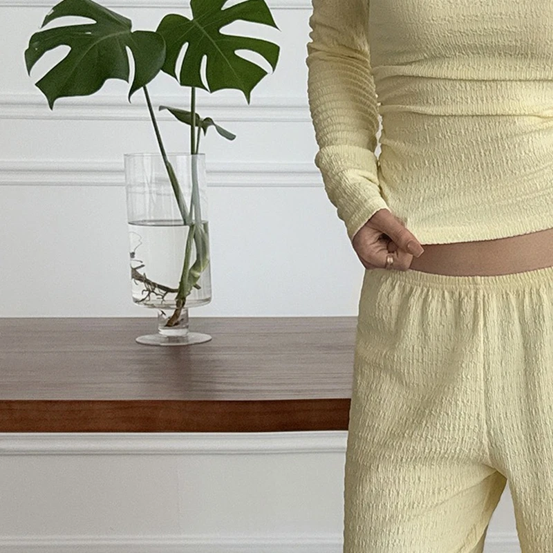 Conjunto de 2 piezas para Mujer, Tops fruncidos de manga larga con hombros descubiertos y pantalones de pierna ancha, colección Conjunto Dos Piezas para Mujer