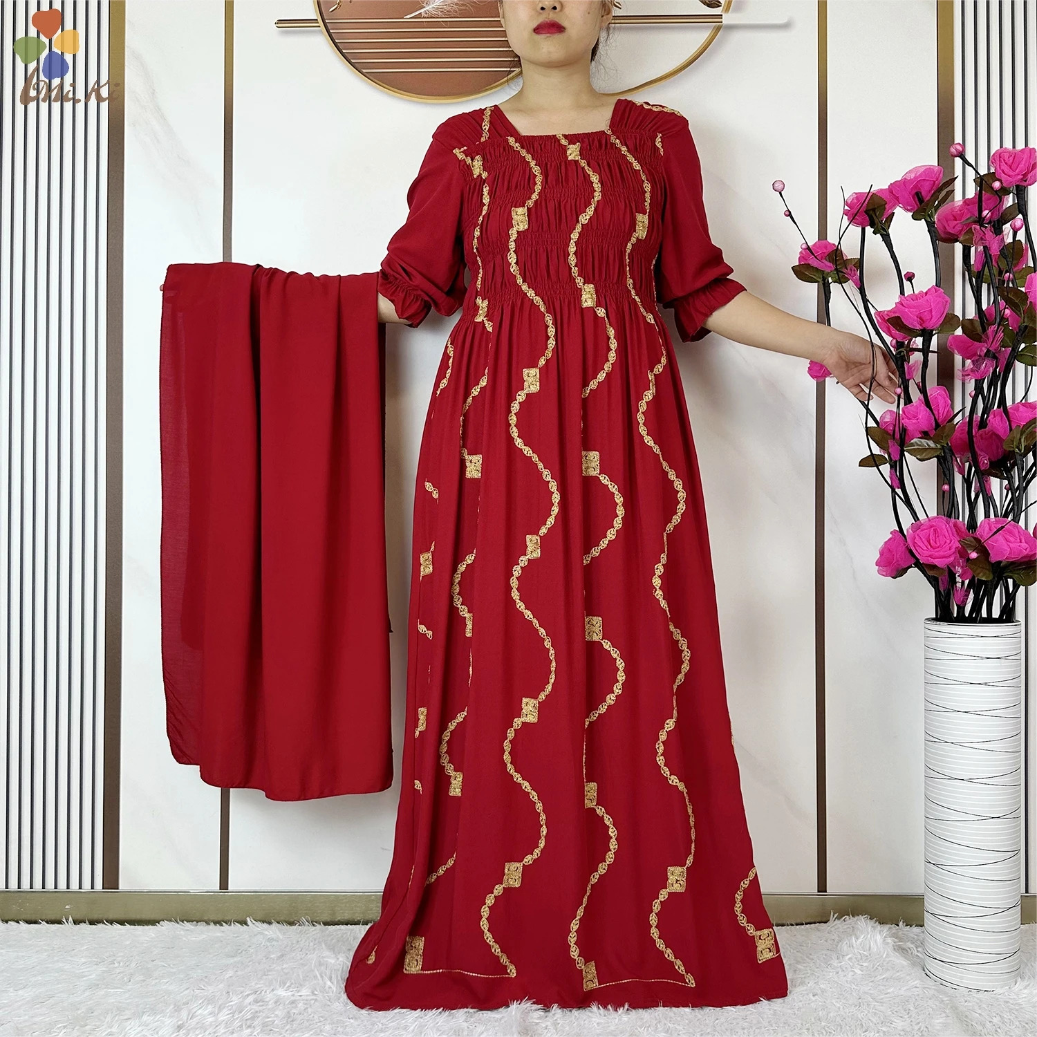 Muslim Fashion Women Party Clothing Cotton Half Sleeve Elastic Waist Dress Boubou Maxi African Abaya Dress Islamic Women Dress