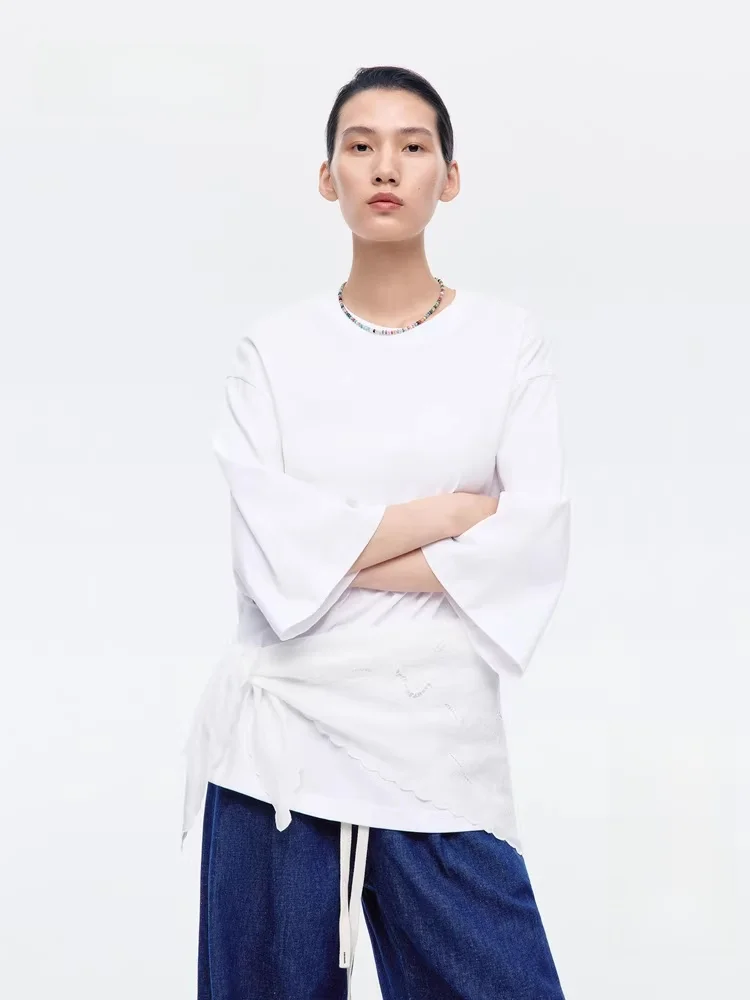 

Женская хлопковая футболка EditionT, летняя коллекция 2026, новинка, с воротником-стойкой, рукавом три четверти, прямого кроя, для повседневной носки