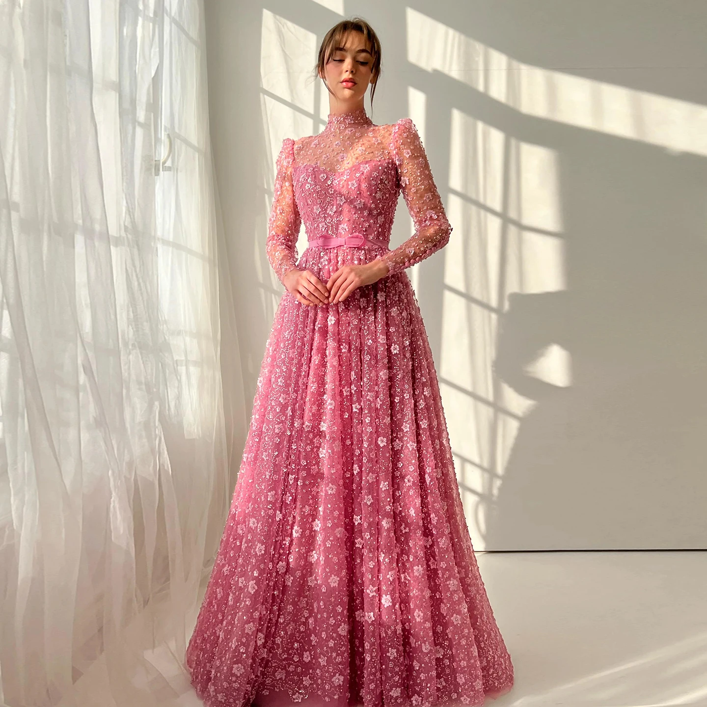 Sharon Said Dubai Luxe Roze Avondjurk met 3D Bloemen en Strik voor Vrouwen Bruiloft Prom Gown 2025 SS700 Aangepast