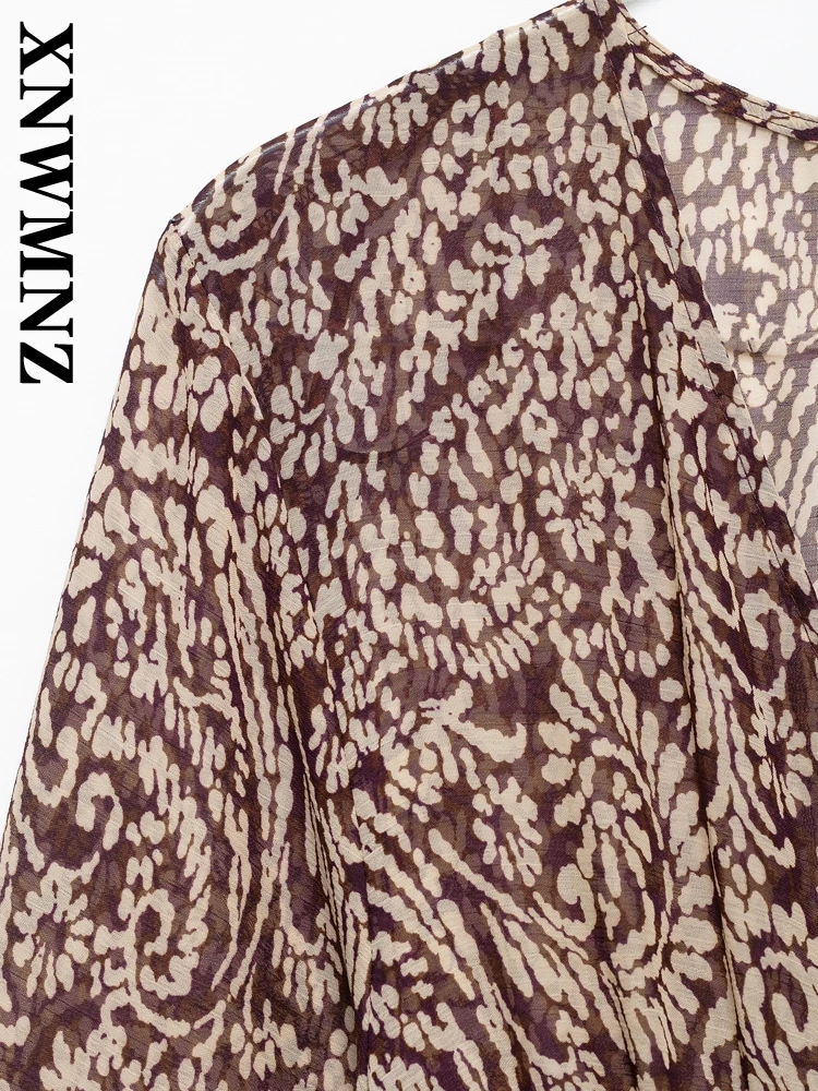 XNWMNZ 2025 Summer New Lady Elegant Long Sleeve Satin Dresses Dress Hipster Female Lace V-Collar Top Loose Fit Midi Skirt Print