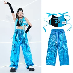 Group Kpop Stage Outfit Girls Jazz Dance Costumes Blue Laser Street Dance Suit Kids Hip Hop Clothing Ballroom Dancewear SL10612