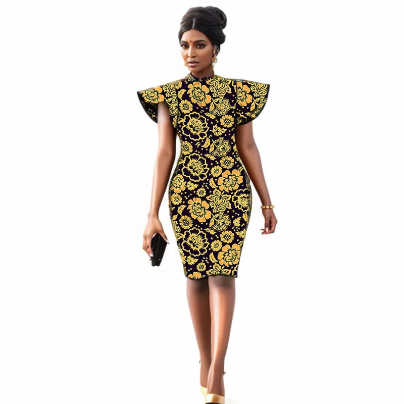 

Lotus Leaf Sleeve African Fashion Print Dress Tailor Design Elegant Slim Fit Women Ankara Outfit