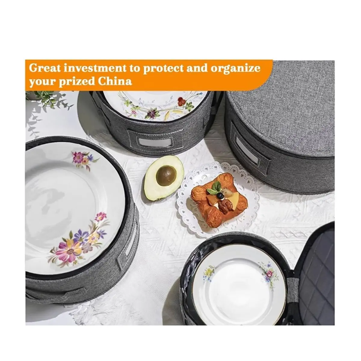 China Storage Containers,Dish Storage W/Hard Shell Top Side Bottom Support & Felt Dividers for Charger Plates Dinnerware
