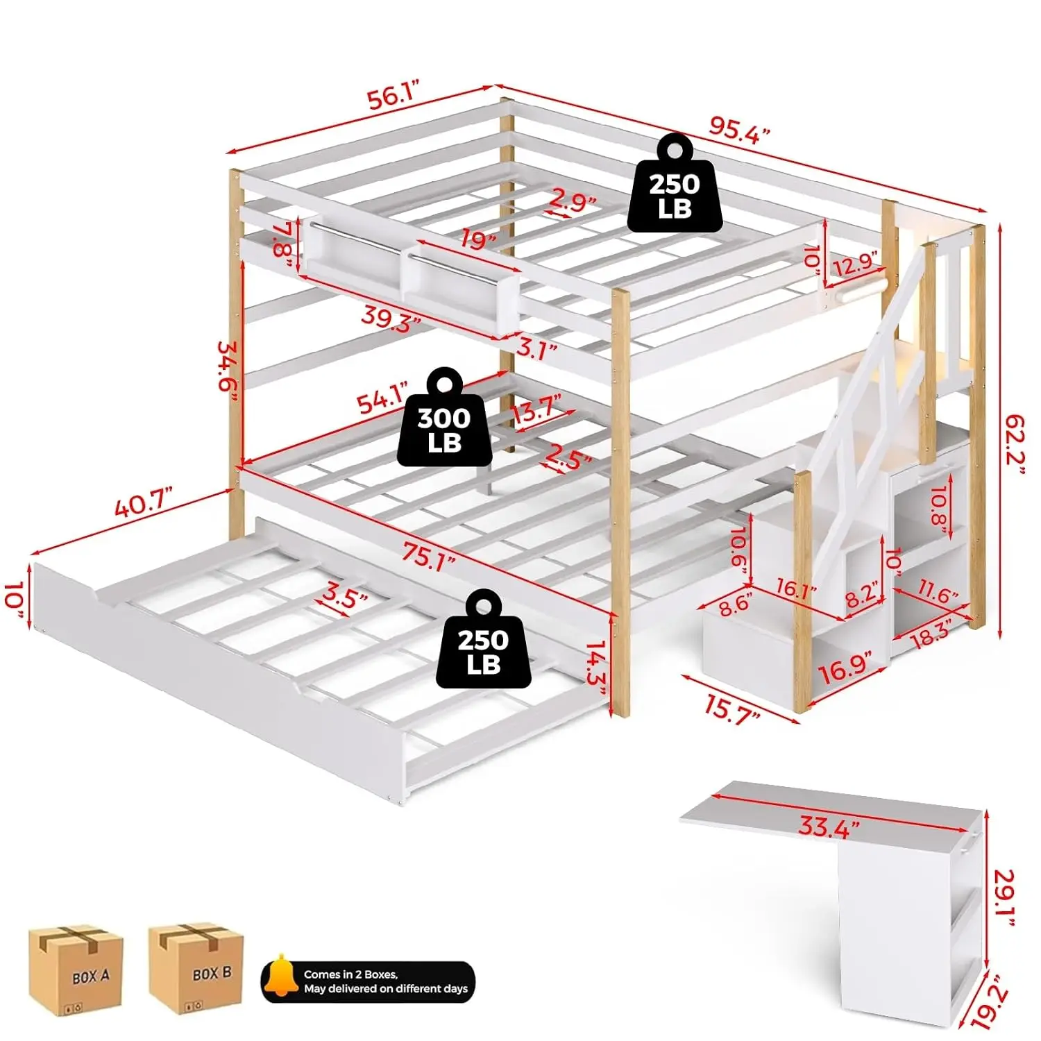 Full Over Full Bunk Bed Trundle Storage Stairs Wood Foldable Desk No Box Spring Kids Teens Adults, Customized