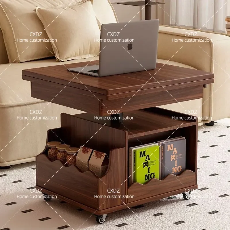 Walnut Folding Dining Table Small Apartment Movable Coffee Table Dual Purpose Mobile Living Room Multi Functional Lift Top
