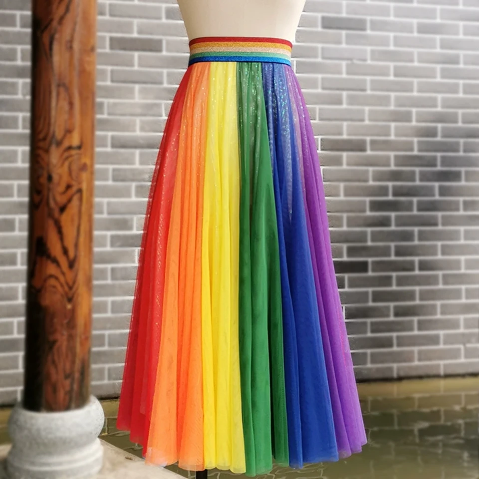 

High Quality glitter rainbow skirt Handmade bright woman costumes Cosplay CD Stage Party Long skirt Dance costume