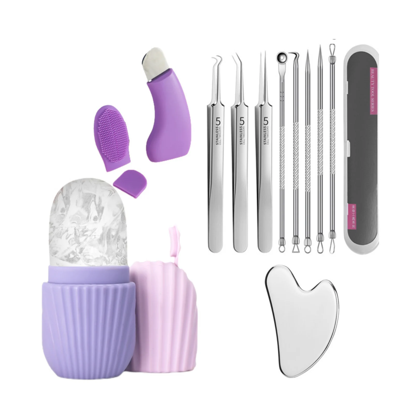 Gezichtsverzorging schoonheidsset, oogijsroller, puistjespincet, mee-eterschraper, combinatieset, gezichtsreiniging en huidverzorgingstool