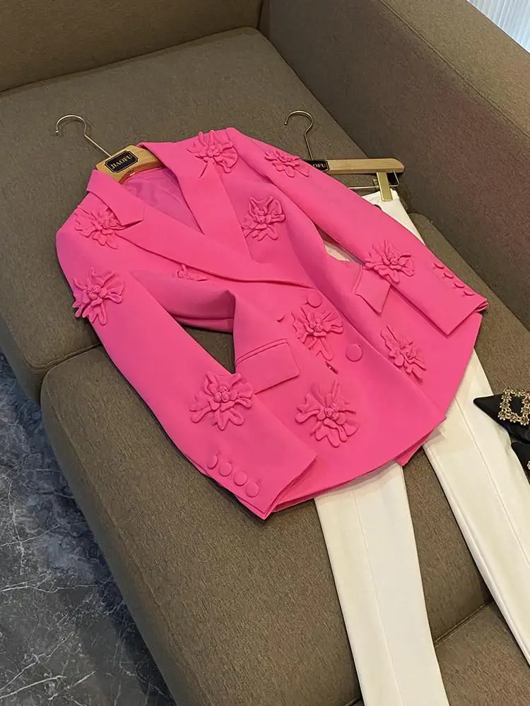 

Модный двубортный костюм-джат с 3D цветочным декором, тяжелая работа, знаменитости, завернутый A258, облегающий крой для поездок на работу