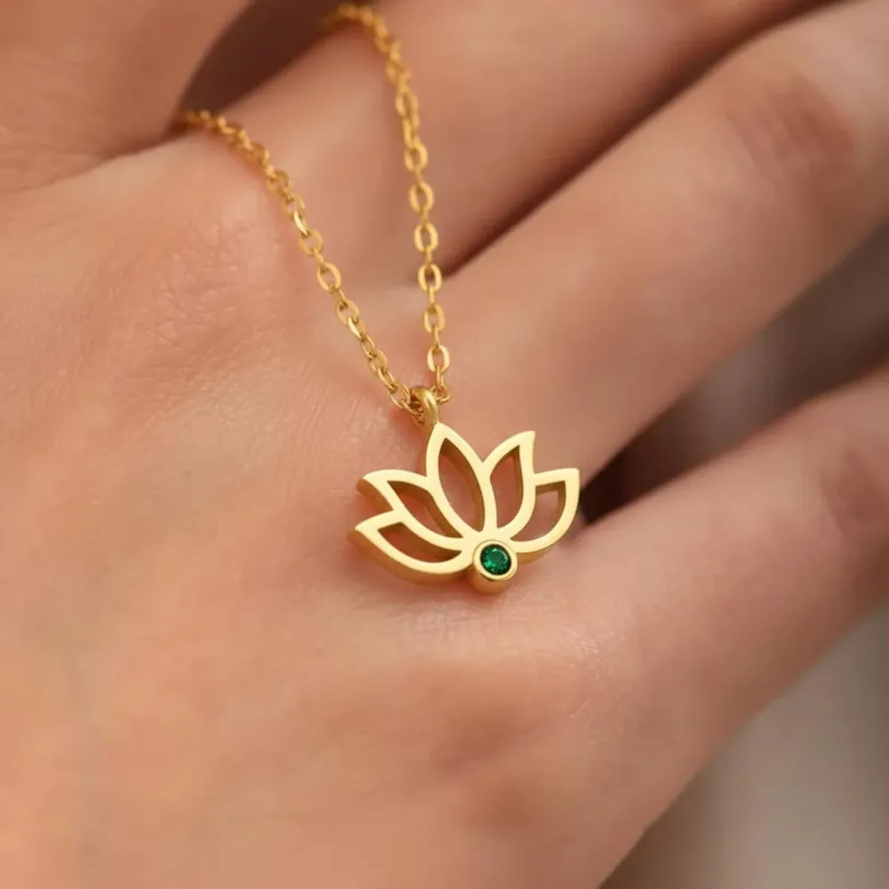 Custom Minimalist Birthstone Flower Necklace Fashion Dainty Yoga Jewelry Personalized Lotus Necklace For Women